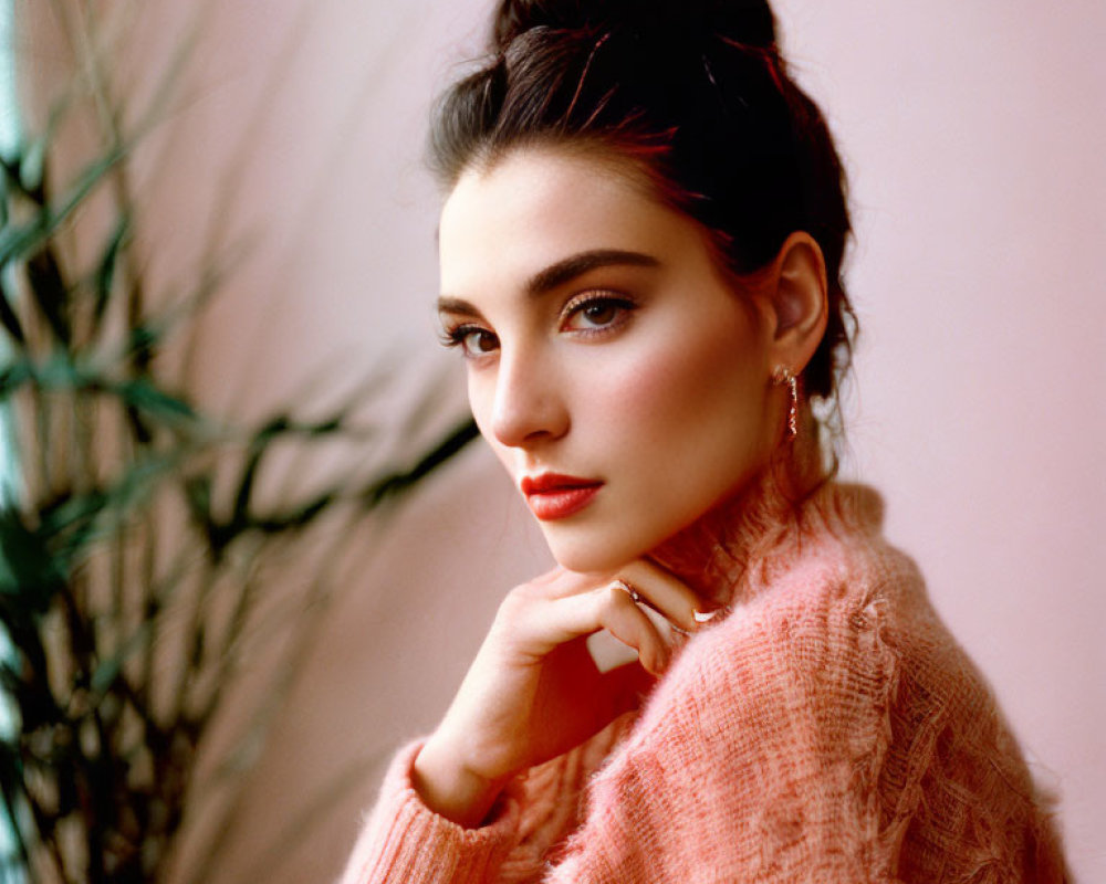 Woman with bun hairstyle in pink sweater and earrings, chin on hand, plant backdrop