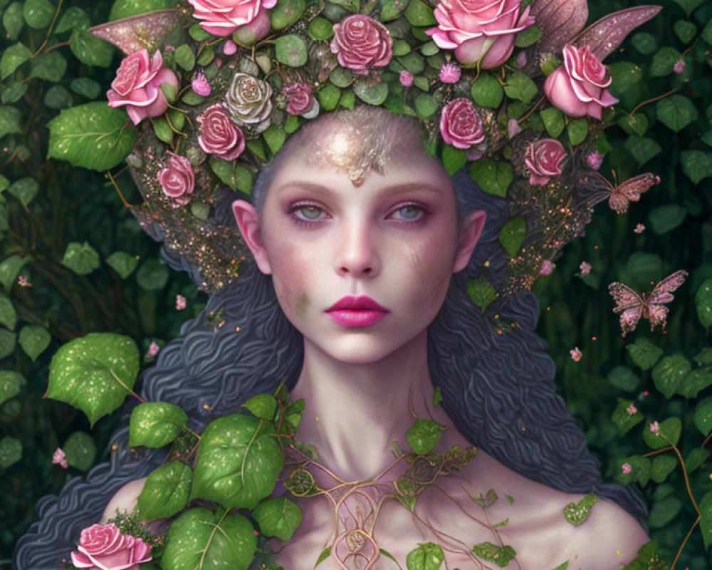 Fantasy portrait of a woman with floral crown, greenery, and butterflies