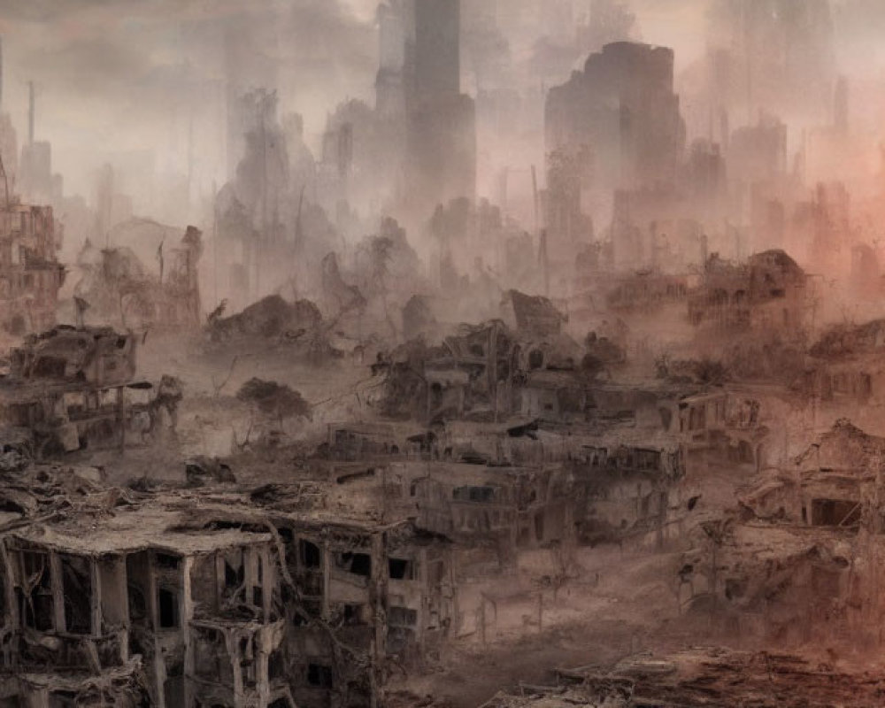 Desolate cityscape with ruined buildings and debris under a gloomy sky