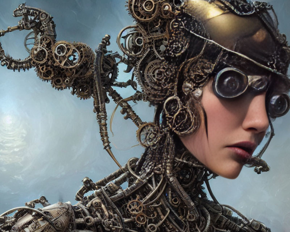 Steampunk female humanoid portrait with mechanical gear hair and goggles.