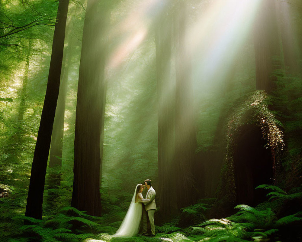 Wedding couple embraces in sunlit forest with towering trees