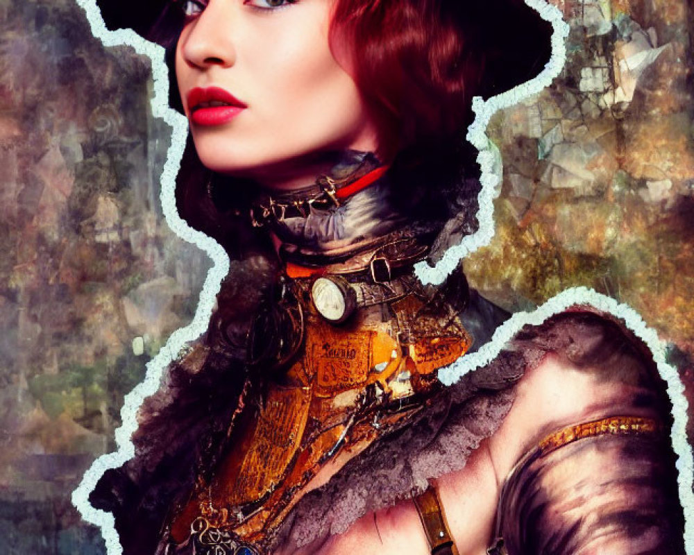 Steampunk-themed woman with hat, corset, and mechanical accessories on abstract backdrop