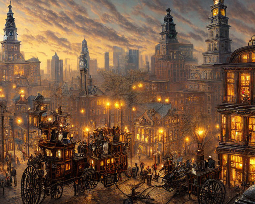 Victorian-era cityscape at dusk with horse-drawn carriages and gas lamps