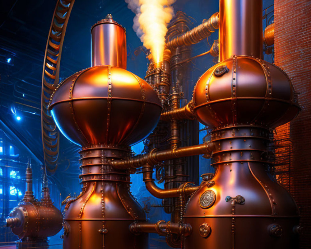 Steampunk-themed interior with copper boilers, piping, and ambient lighting
