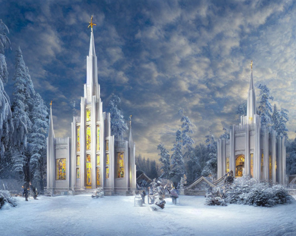 Snow-covered temple with tall spires in twilight sky and serene winter landscape