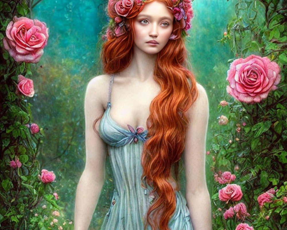 Red-haired woman with rose crown in blue dress among pink roses and greenery