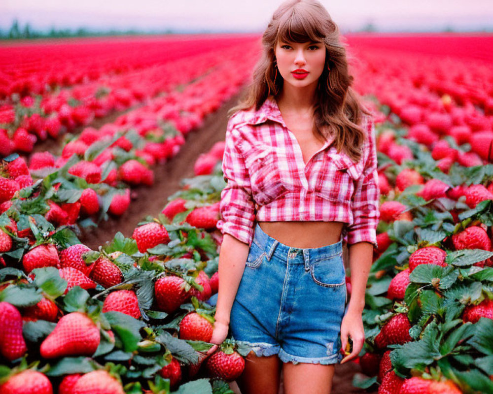 Woman in Plaid Shirt Among Vibrant Strawberry Plants