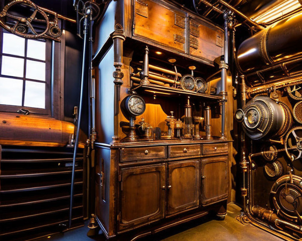 Steampunk-themed interior with wooden cabinet, brass pipes, gears, and vintage gauges.
