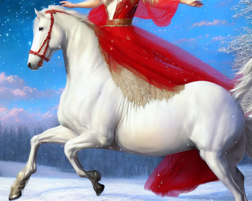 Woman in Red Dress Riding White Horse in Snowy Forest Scene