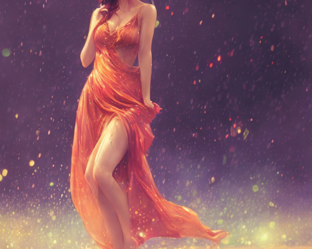 Woman in Orange Dress Holding Umbrella in Water with Ethereal Light