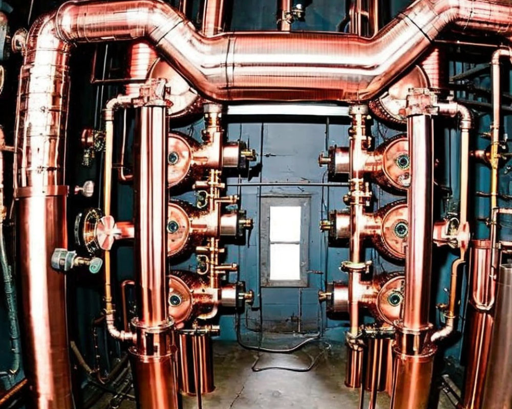 Complex copper pipes and valves on blue background in industrial setting
