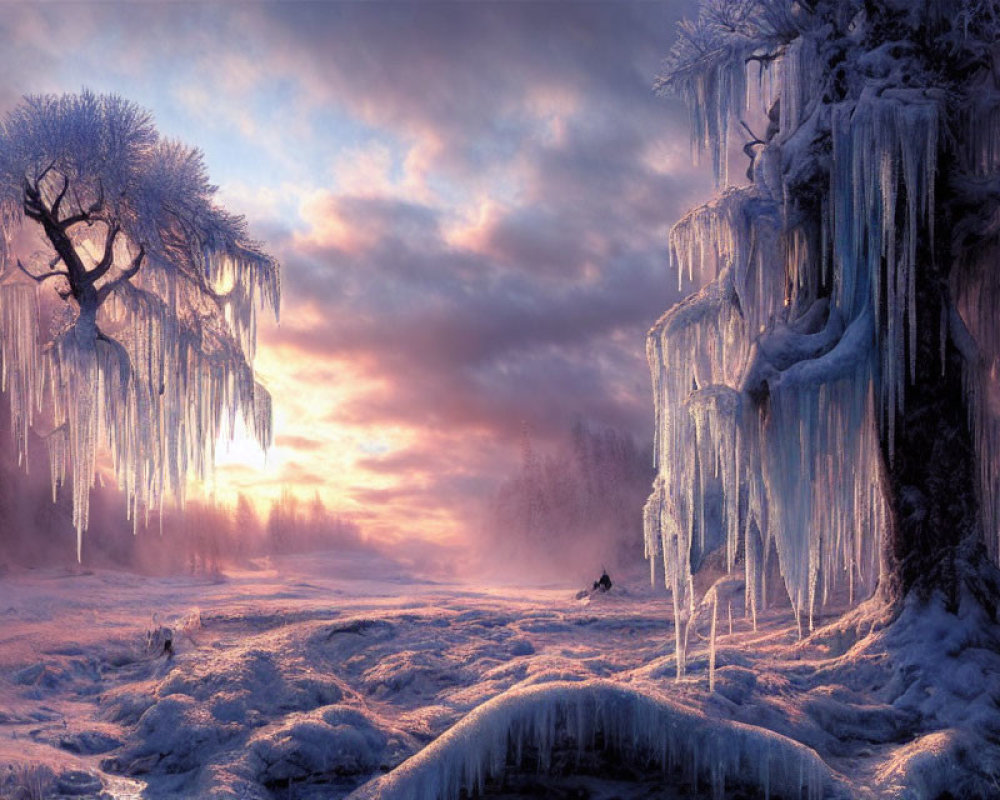 Snowy sunrise landscape with icicle-covered trees and distant figure in pink sky