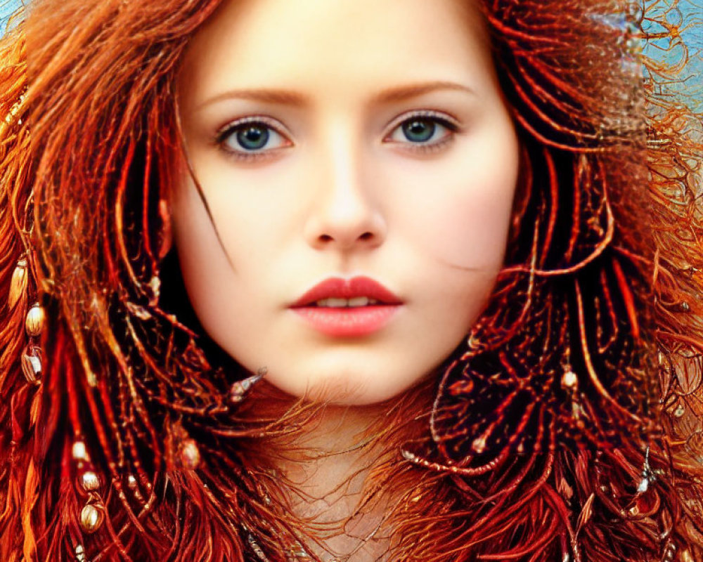 Close-Up Portrait of Woman with Red Hair, Fair Skin, and Blue Eyes