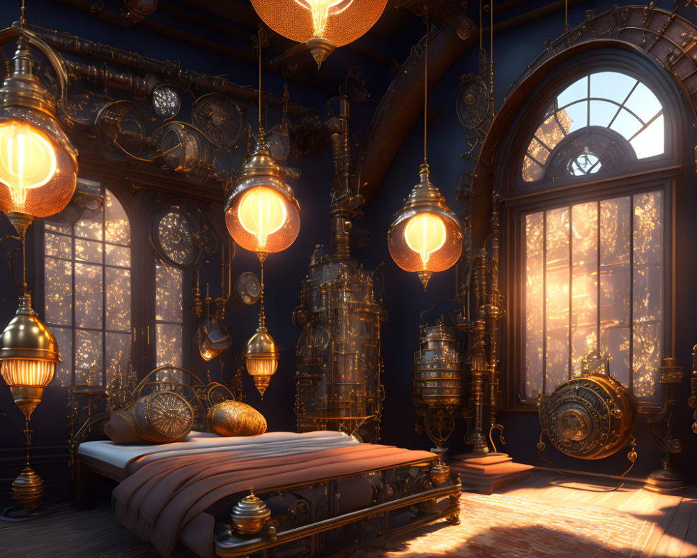 Victorian steampunk-themed bedroom with brass gears, round windows, hanging lanterns, bed,