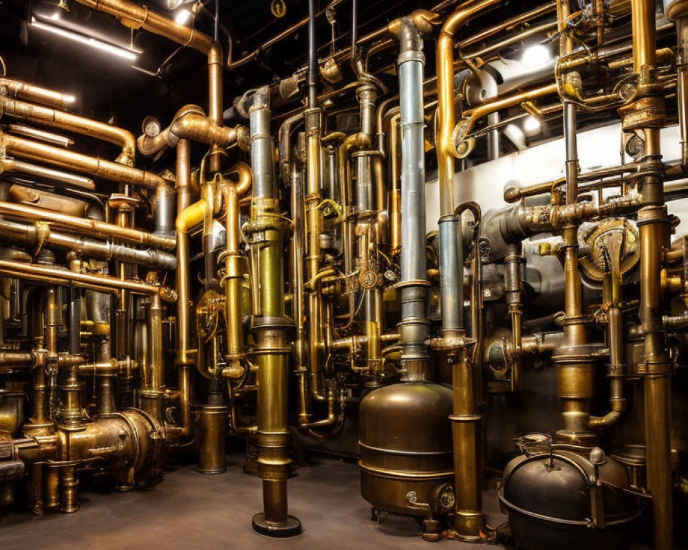 Polished Brass Pipes and Fittings in Dimly Lit Room