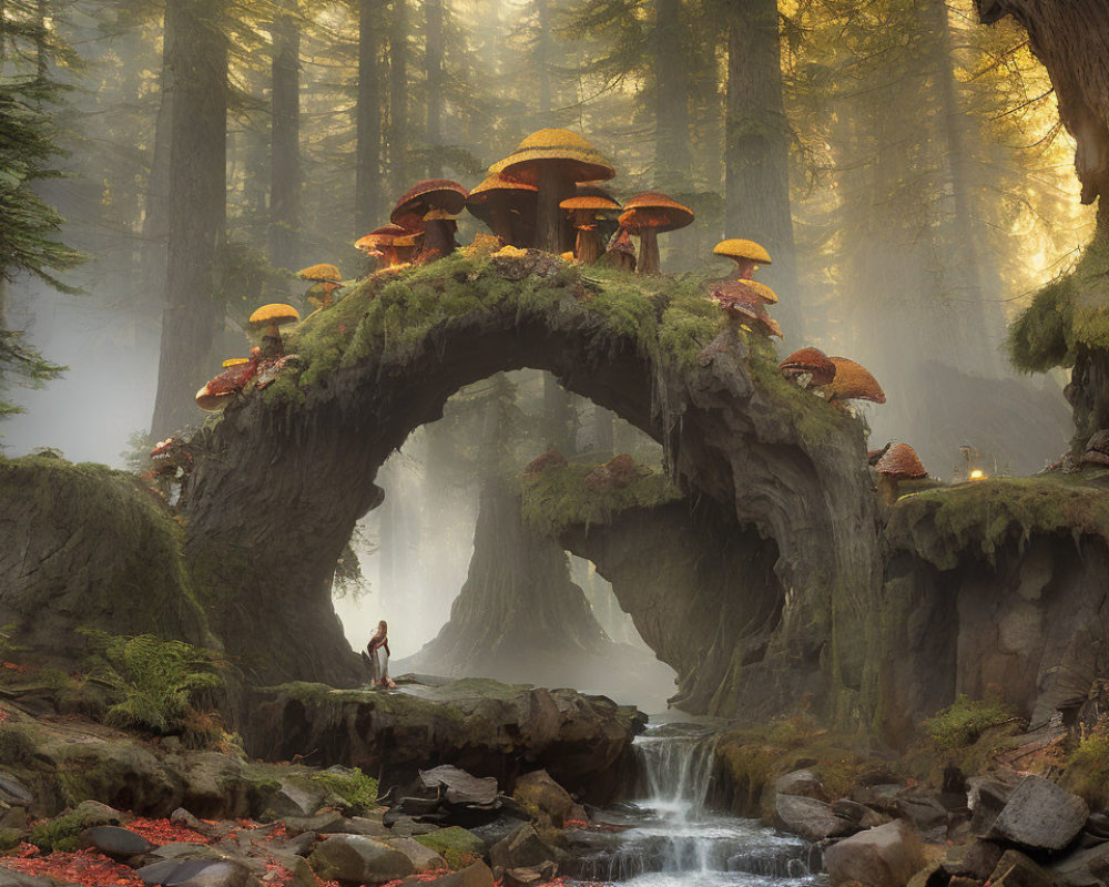 Enchanted forest with arching tree, mushrooms, figure, waterfall, and sunlight.