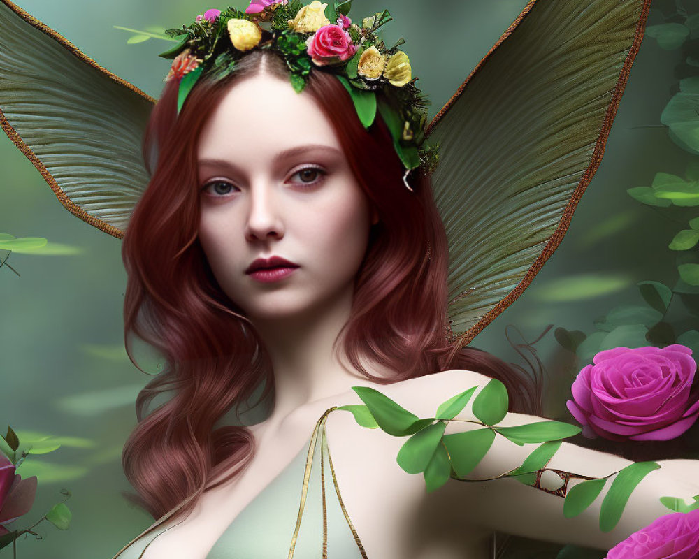 Fantasy portrait of woman with red hair and insect wings in floral wreath