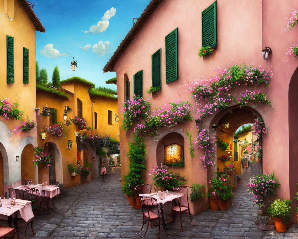 Colorful cobblestone street with vibrant houses and outdoor dining tables under sunny sky