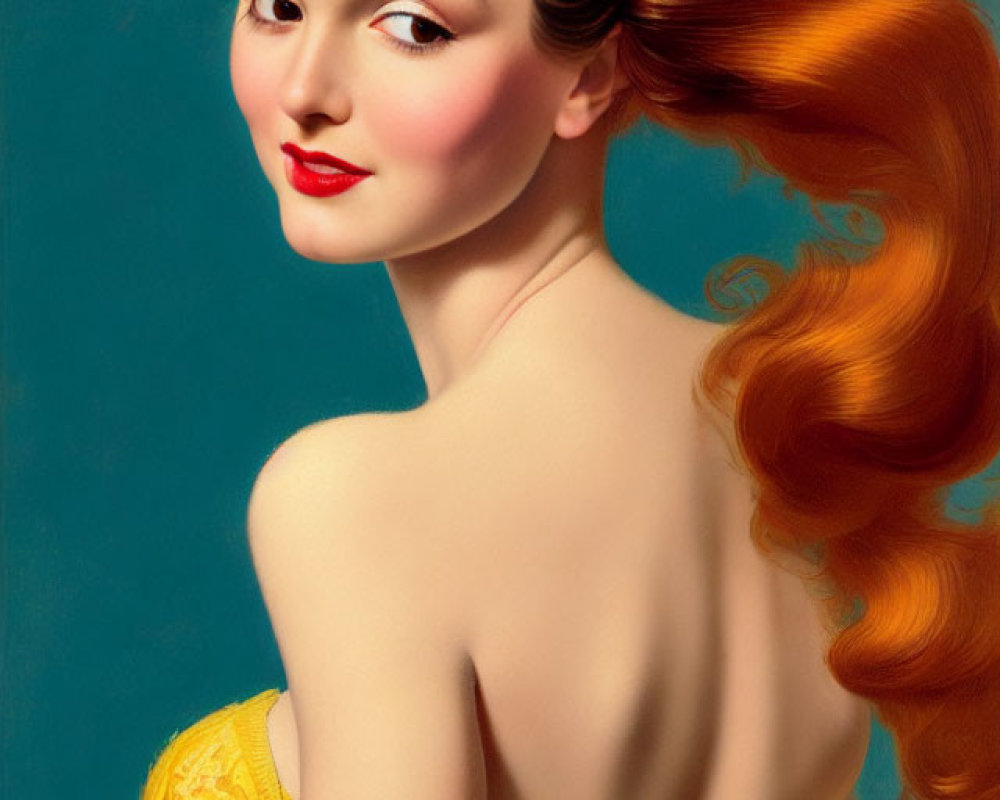 Voluminous red hair woman with paintbrush in pin-up style