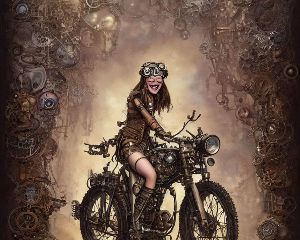 Motorcyclist with goggles in steampunk setting amid gears and machine parts