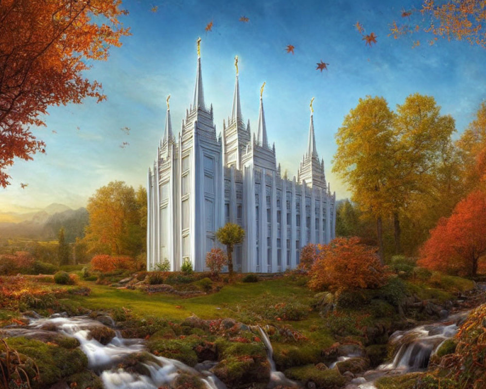 Majestic white building with spires in autumn landscape