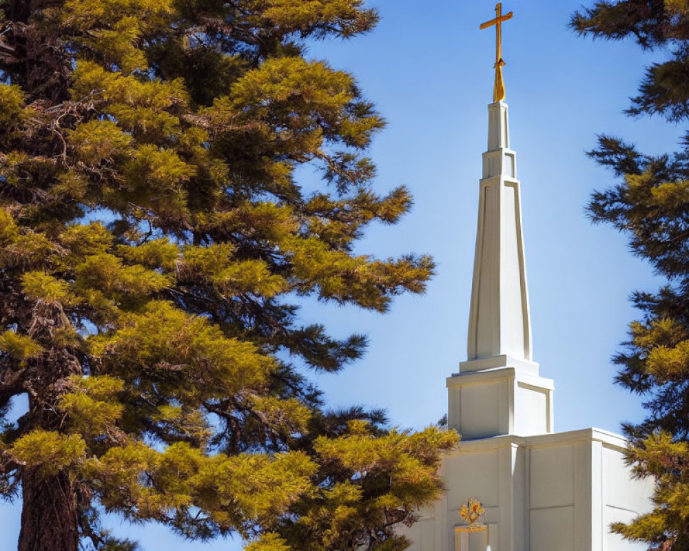 White Church Spire with Cross Among Pine Branches in Blue Sky