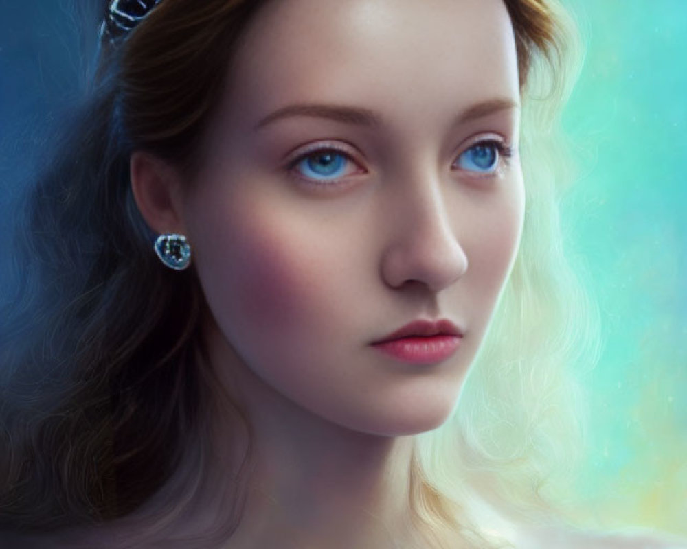 Woman portrait: ethereal glow, crown, earring, blue eyes, fair skin, soft blue