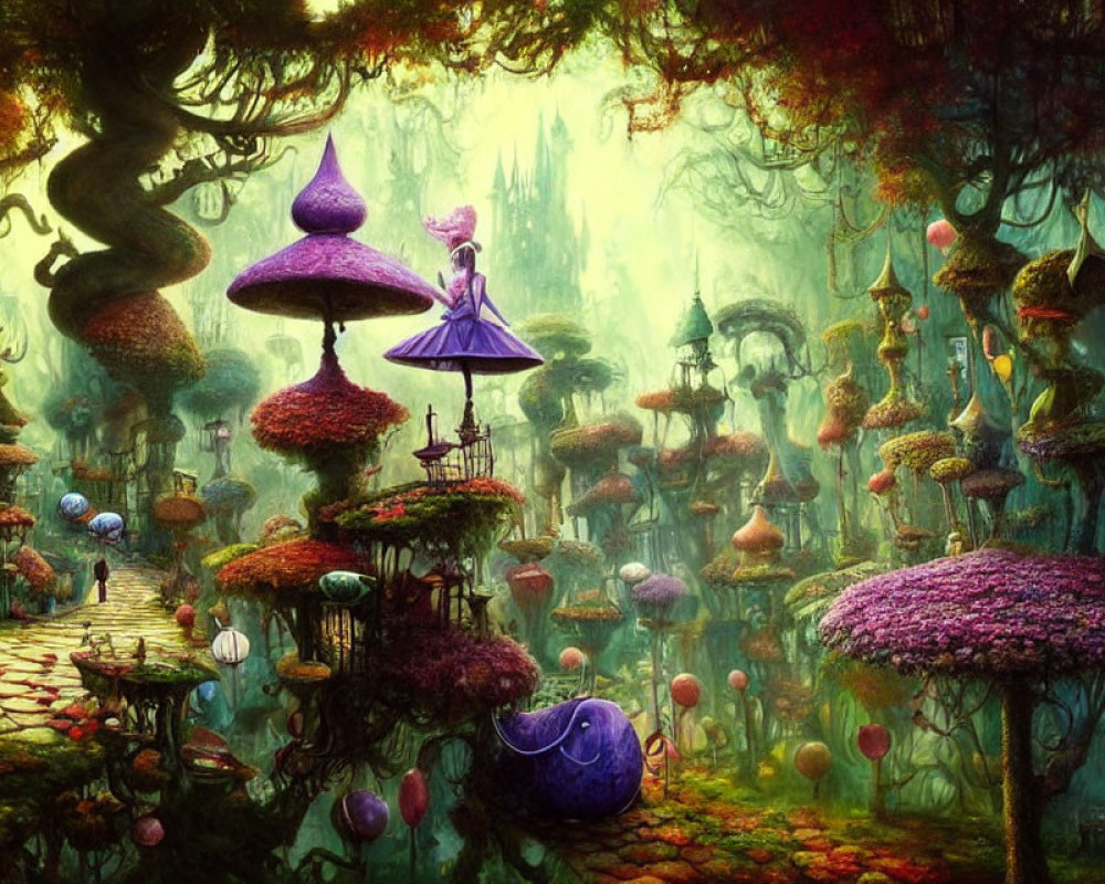 Colorful fantasy forest with mushroom structures and person in purple cloak