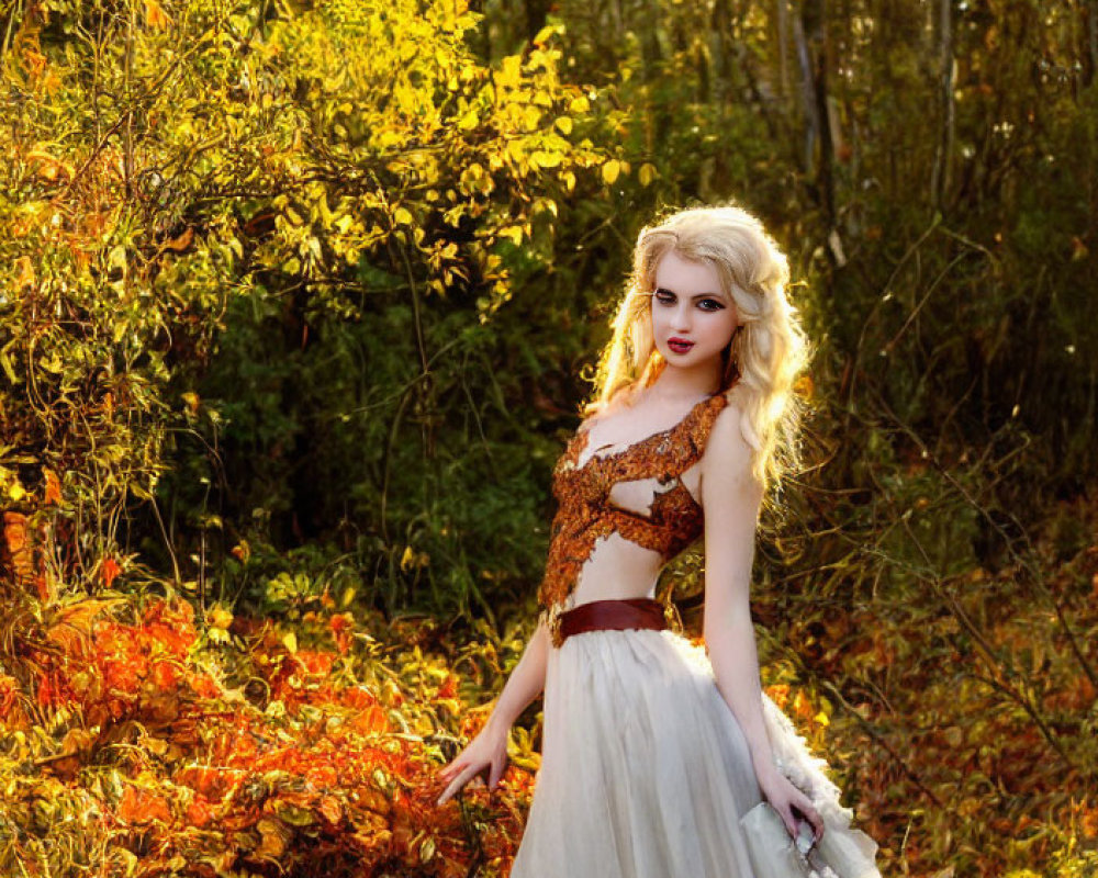 Woman in ornate dress surrounded by autumn foliage in soft sunlight