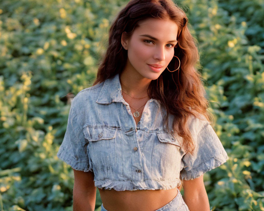 Young woman in denim outfit standing in field at golden hour