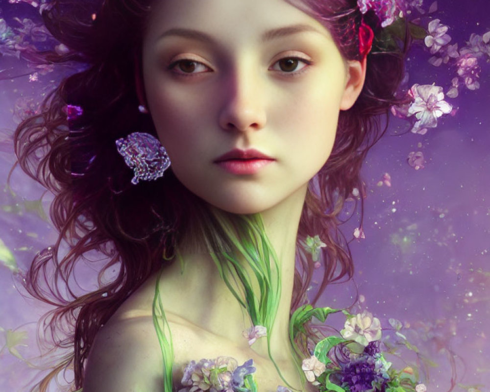 Fantastical female character with purple flora and green neck embellishments