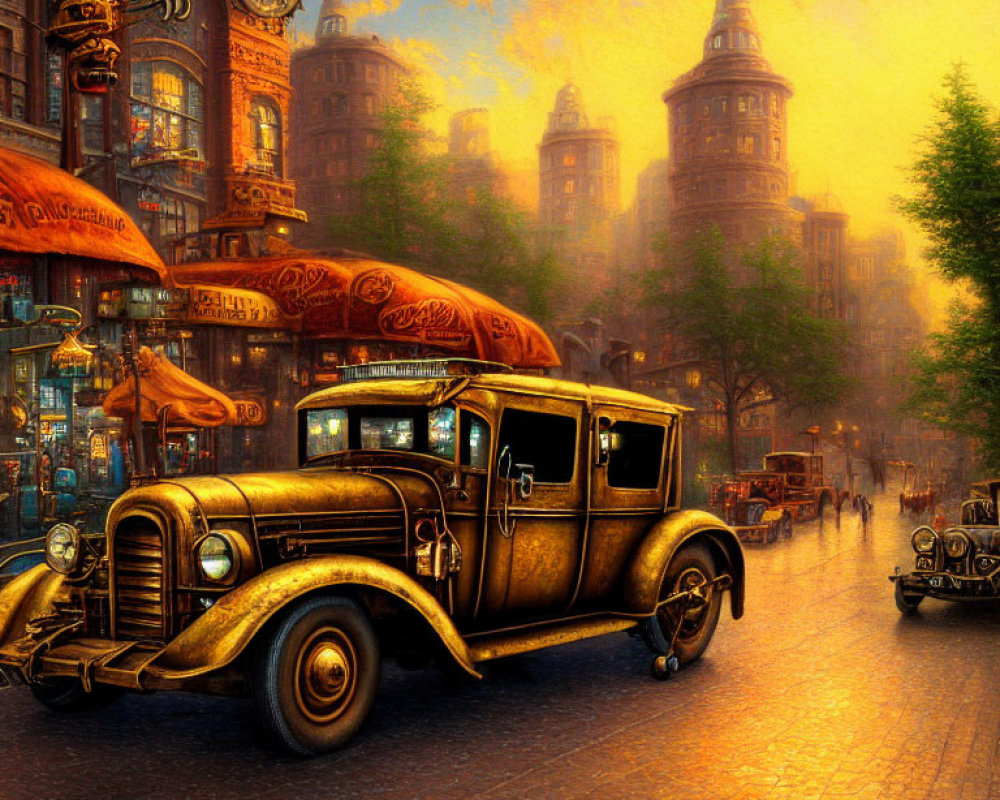 Vintage Golden Car on Cobblestone Street in Old-Fashioned Cityscape