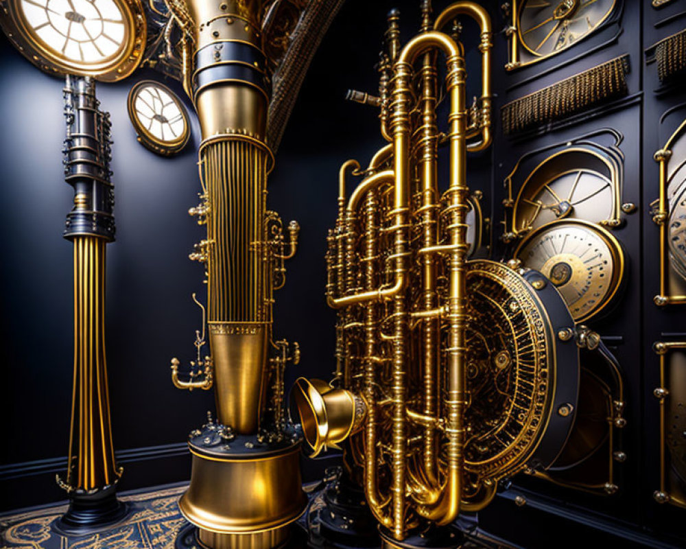 Luxurious Steampunk-Themed Room with Golden Machinery and Clocks