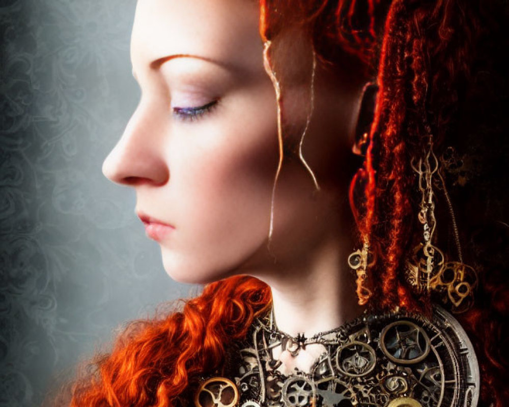Vibrant red-haired woman in steampunk attire with gear accessories poses.
