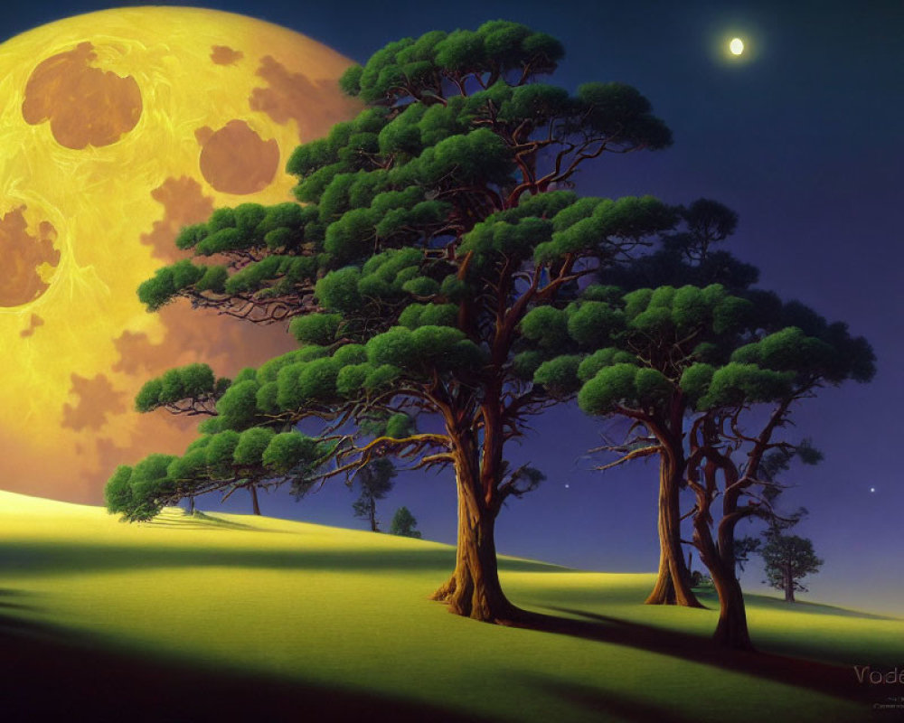Surreal landscape with oversized glowing moon and towering trees under twilight sky.