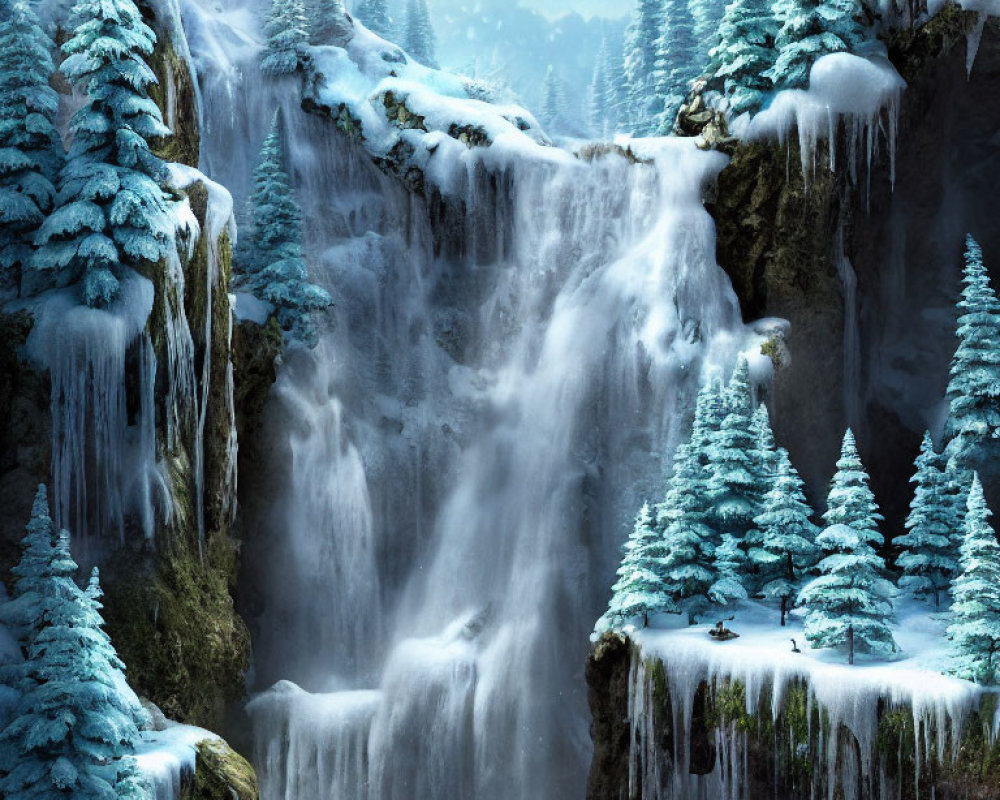 Frozen Waterfall Cascading Among Snow-Dusted Evergreens