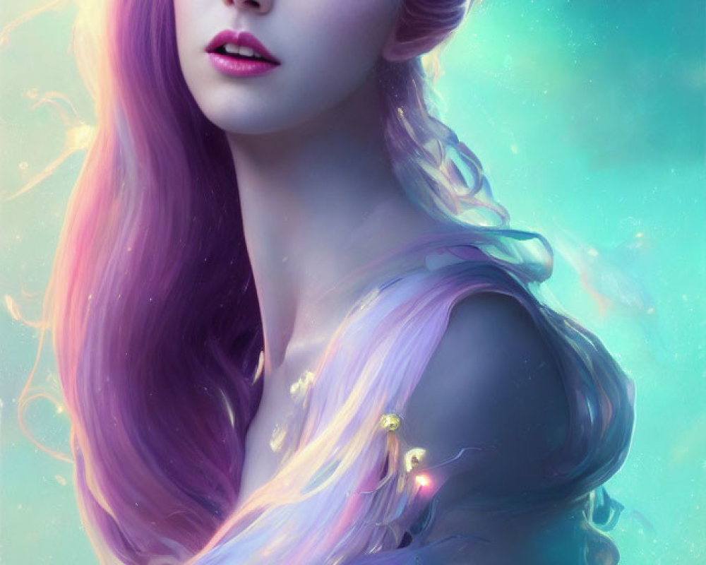 Ethereal portrait of a woman with purple hair, blue eyes, tiara, on teal backdrop