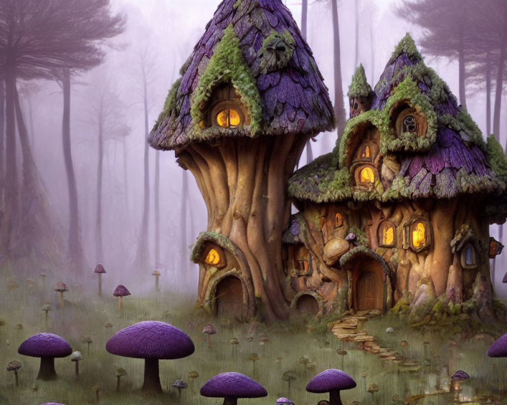 Whimsical treehouses with purple roofs in misty forest