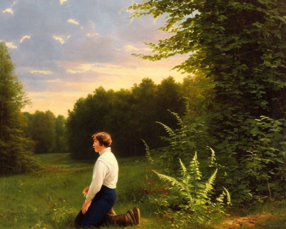 Person kneeling in contemplation in grassy clearing under serene sky