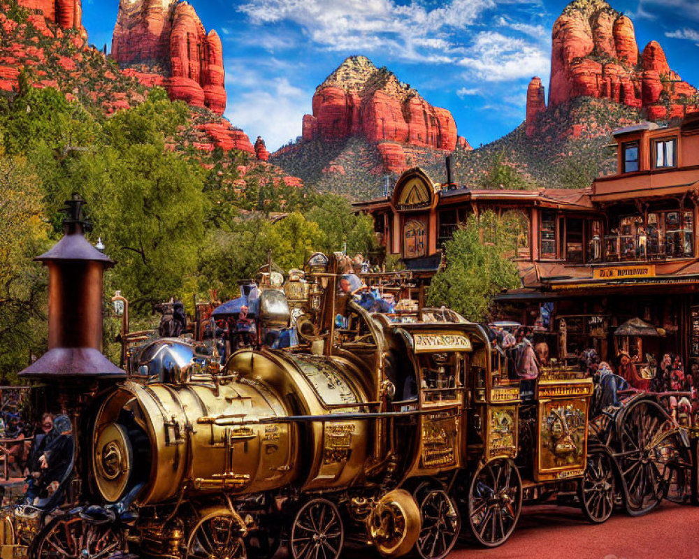 Vintage Steam Locomotive Parade with Spectators and Red Rock Formations
