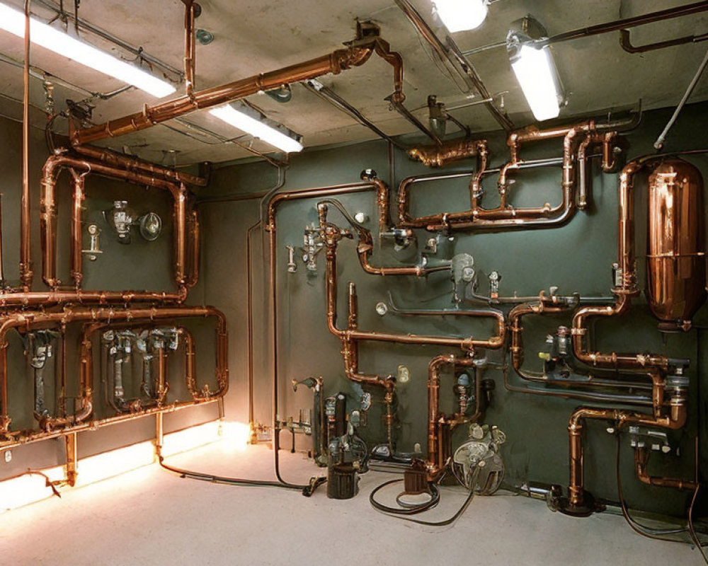 Complex Network of Copper Pipes and Valves in Industrial Room