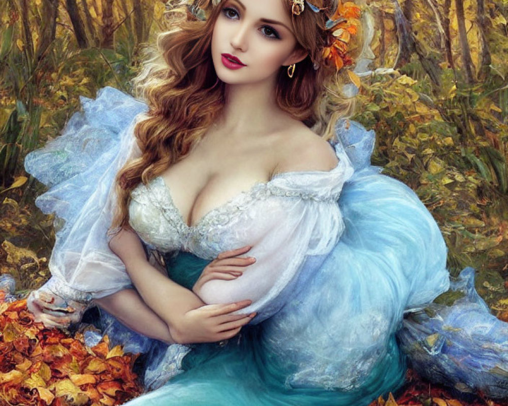 Woman in Blue and Green Gown with Autumn Leaf Headpiece in Forest Setting