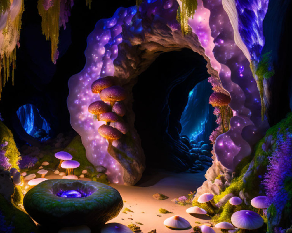 Mystical Cave Entrance with Glowing Plants and Seashells