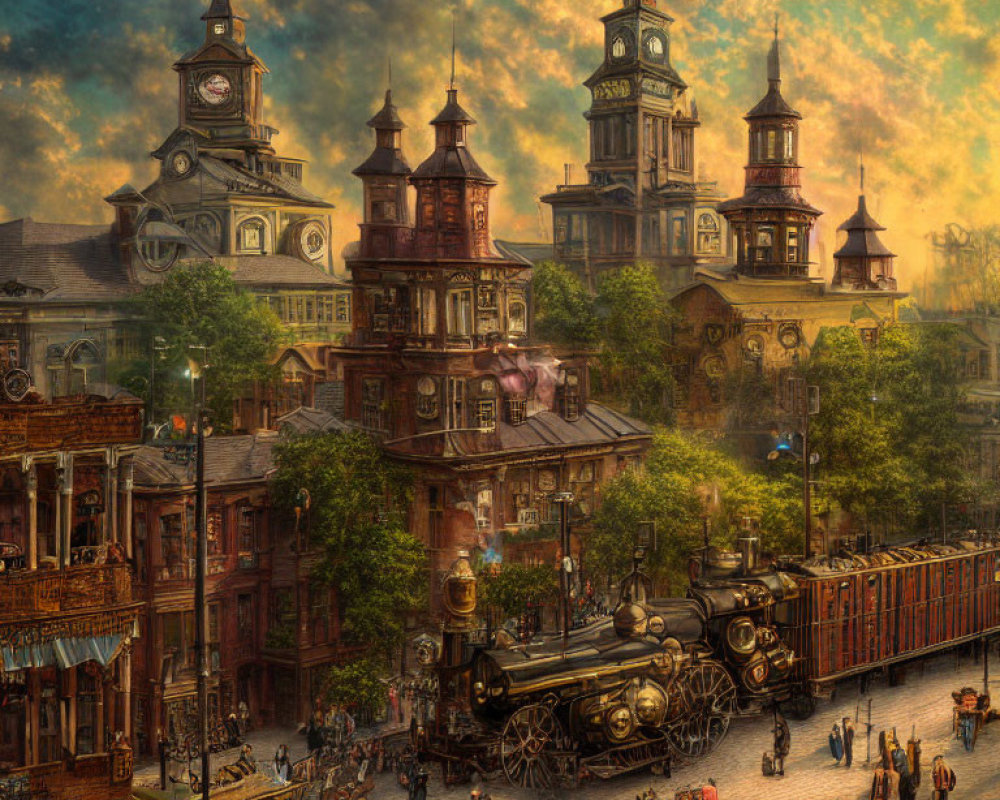 Victorian-era steampunk scene with ornate buildings, steam train, and bustling street life.