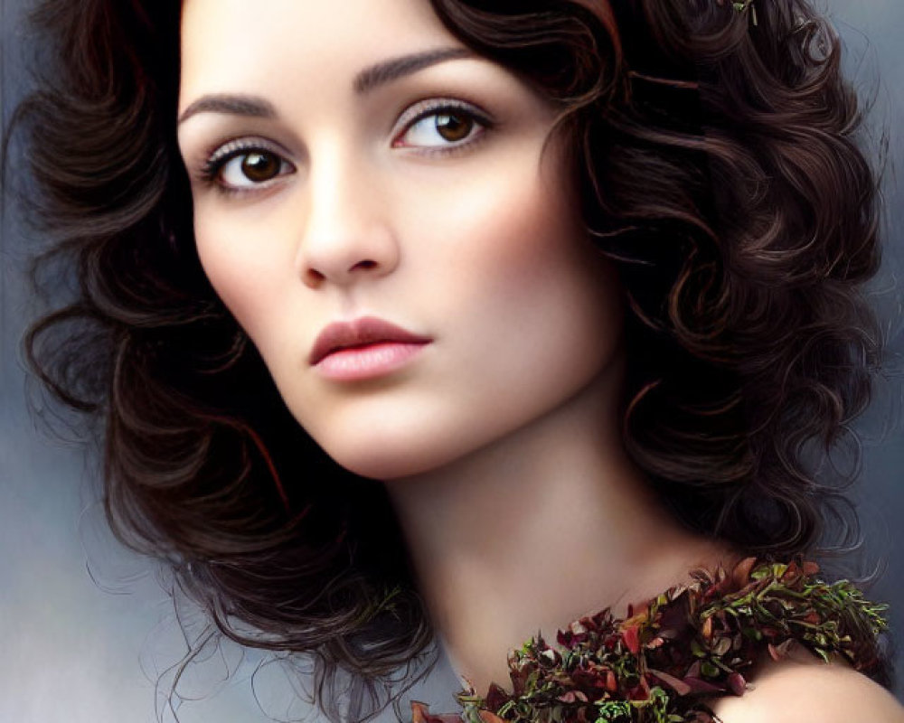 Portrait of woman with curly hair, greenery, and leaf dress