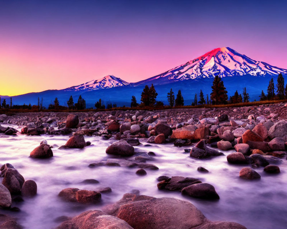 Scenic sunset with purple and orange hues over snowy mountain and flowing river