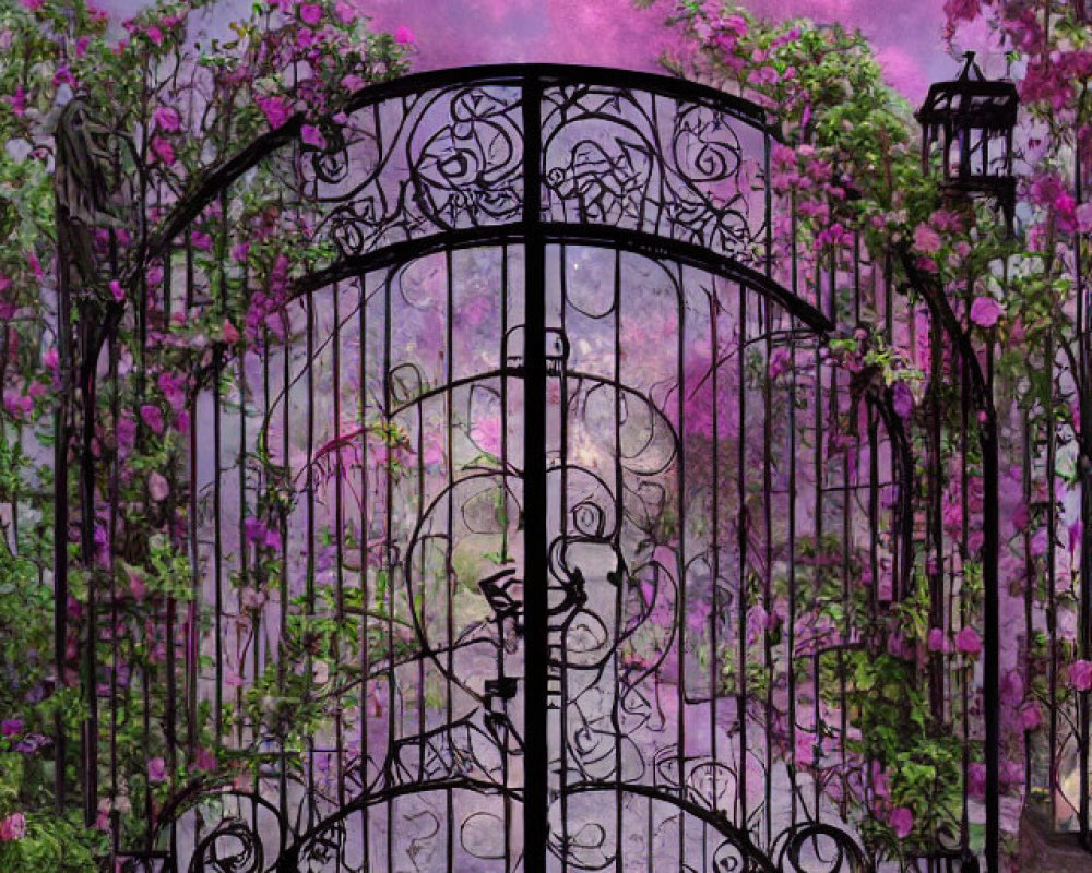 Intricate black gate with purple vines under pink sky