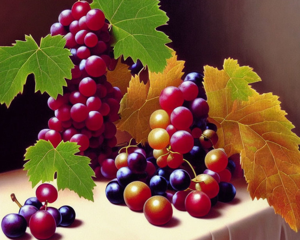 Vibrant still life painting of red and dark purple grapes on beige surface