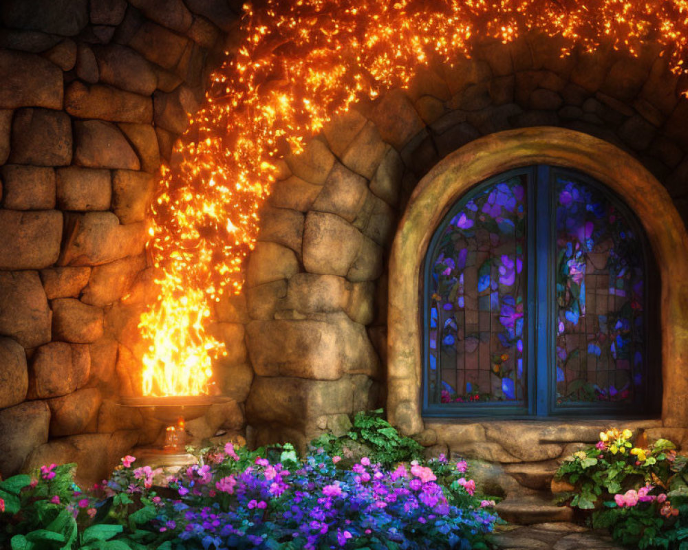 Stone cottage window with vibrant flowers and glowing lantern at twilight