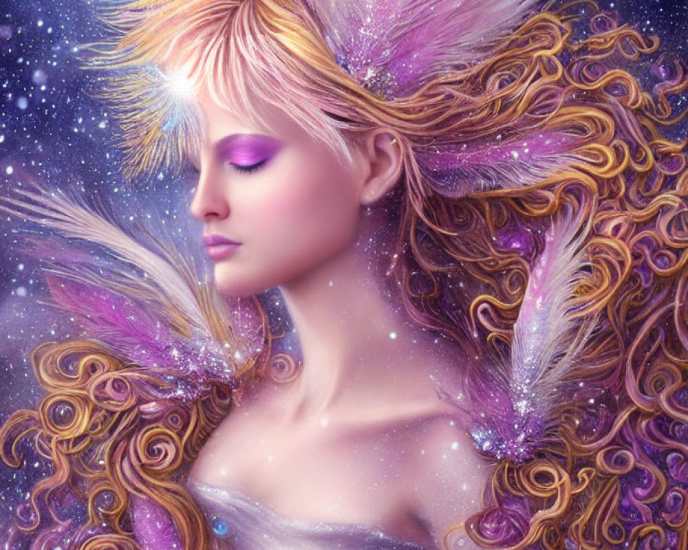 Portrait of being with closed dreamy eyes and pink feathers in golden curls against starry backdrop